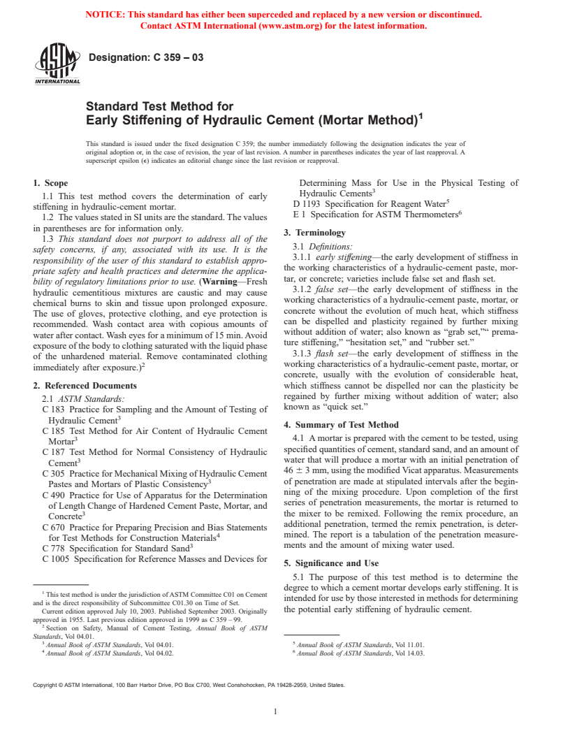 ASTM C359-03 - Standard Test Method for Early Stiffening of Hydraulic Cement (Mortar Method)