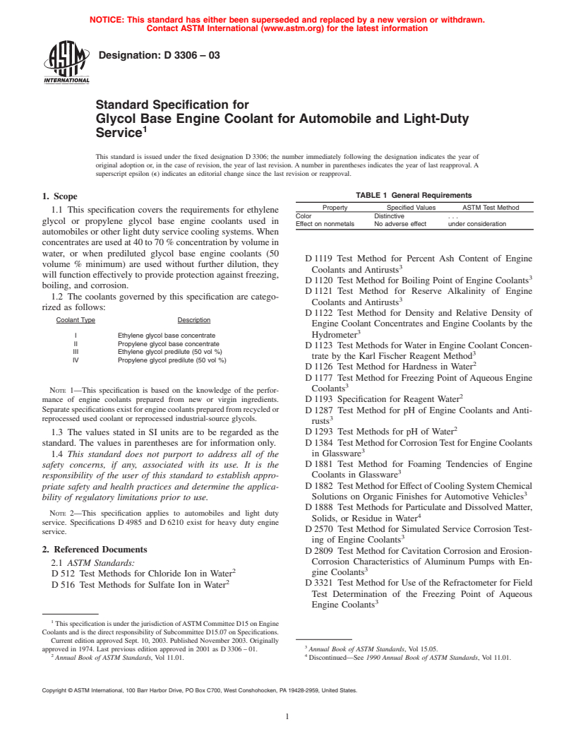 ASTM D3306-03 - Standard Specification for Glycol Base Engine Coolant for Automobile and Light-Duty Service