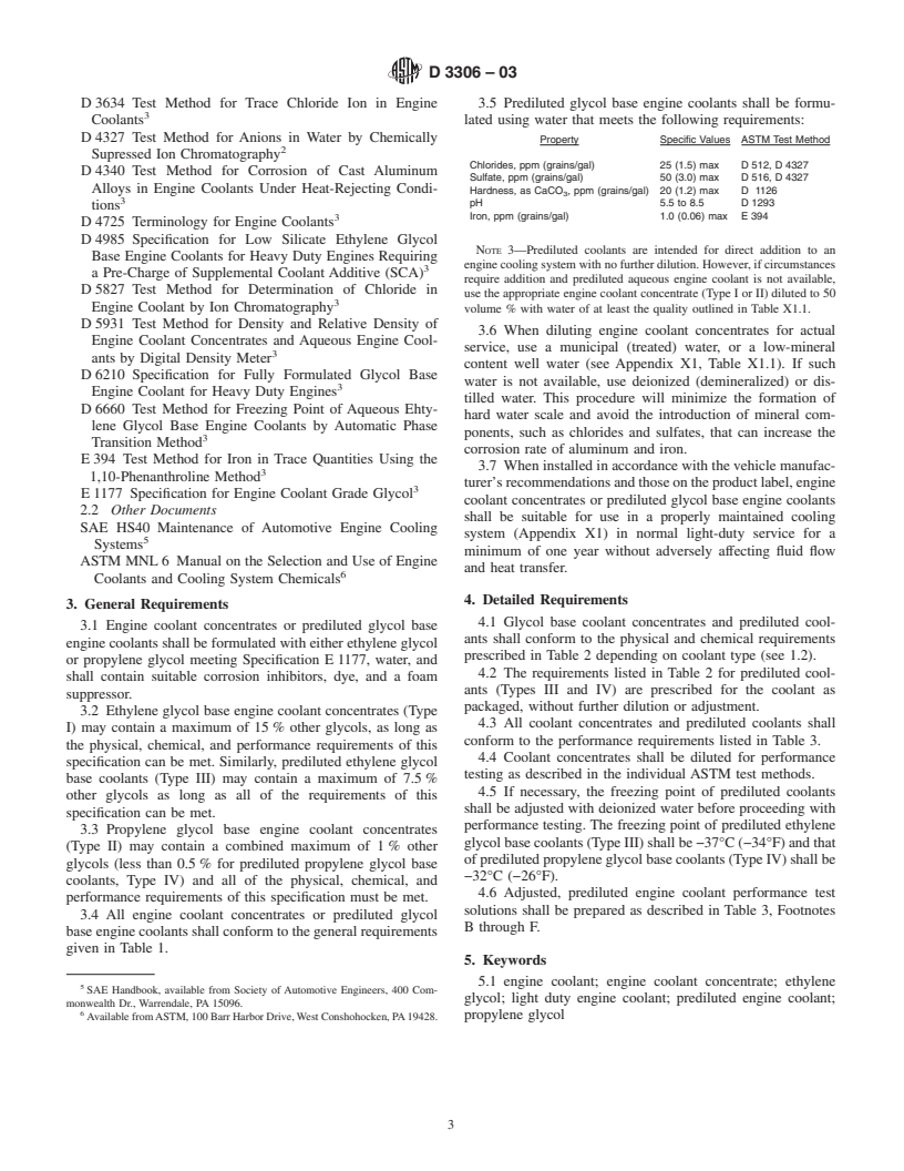 ASTM D3306-03 - Standard Specification for Glycol Base Engine Coolant for Automobile and Light-Duty Service