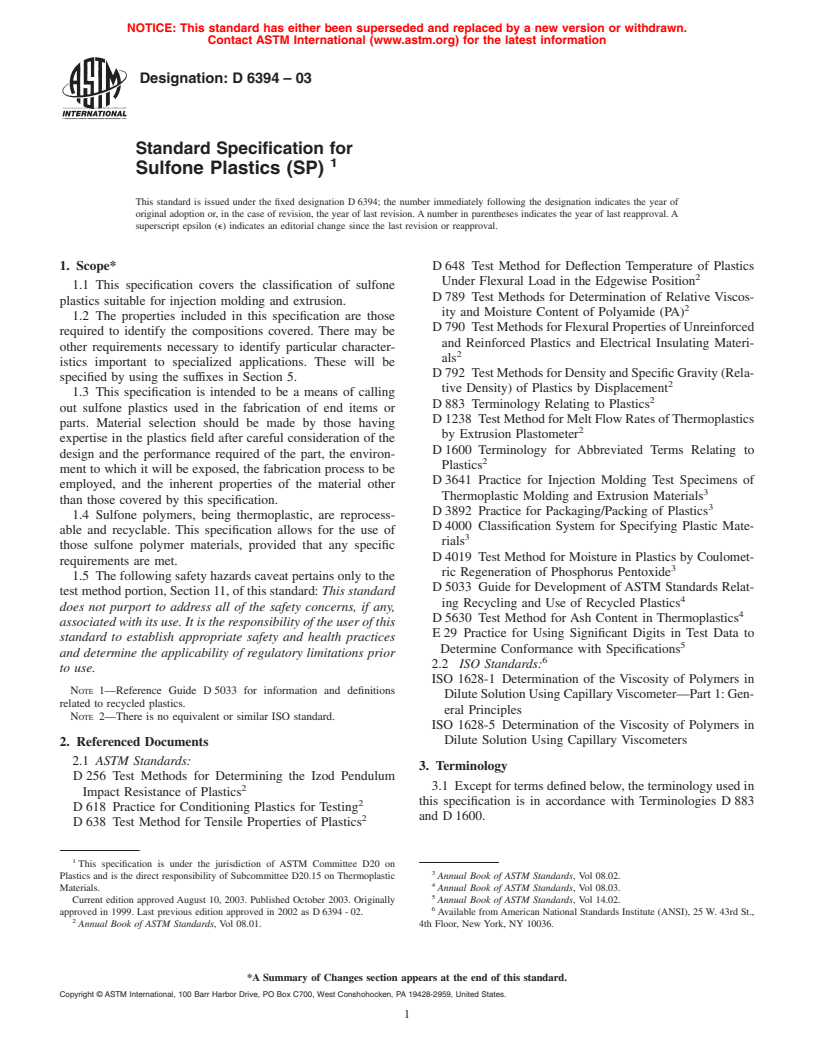 ASTM D6394-03 - Standard Specification for Sulfone Plastics (SP)