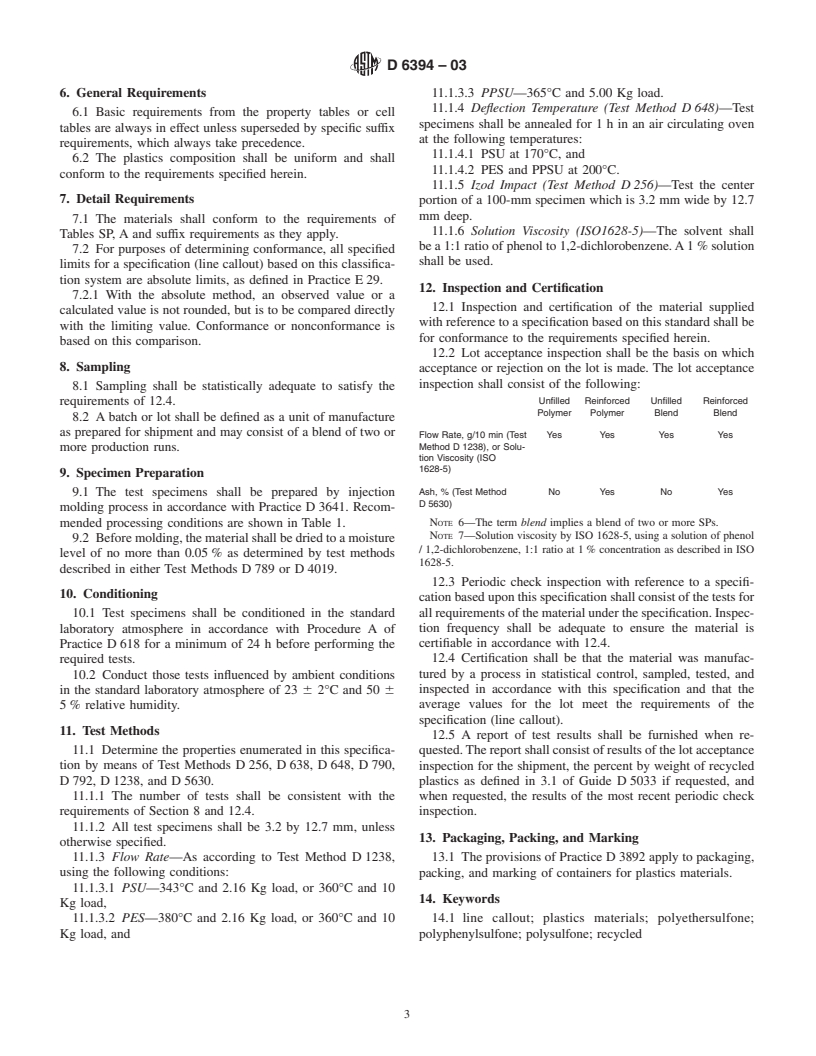 ASTM D6394-03 - Standard Specification for Sulfone Plastics (SP)