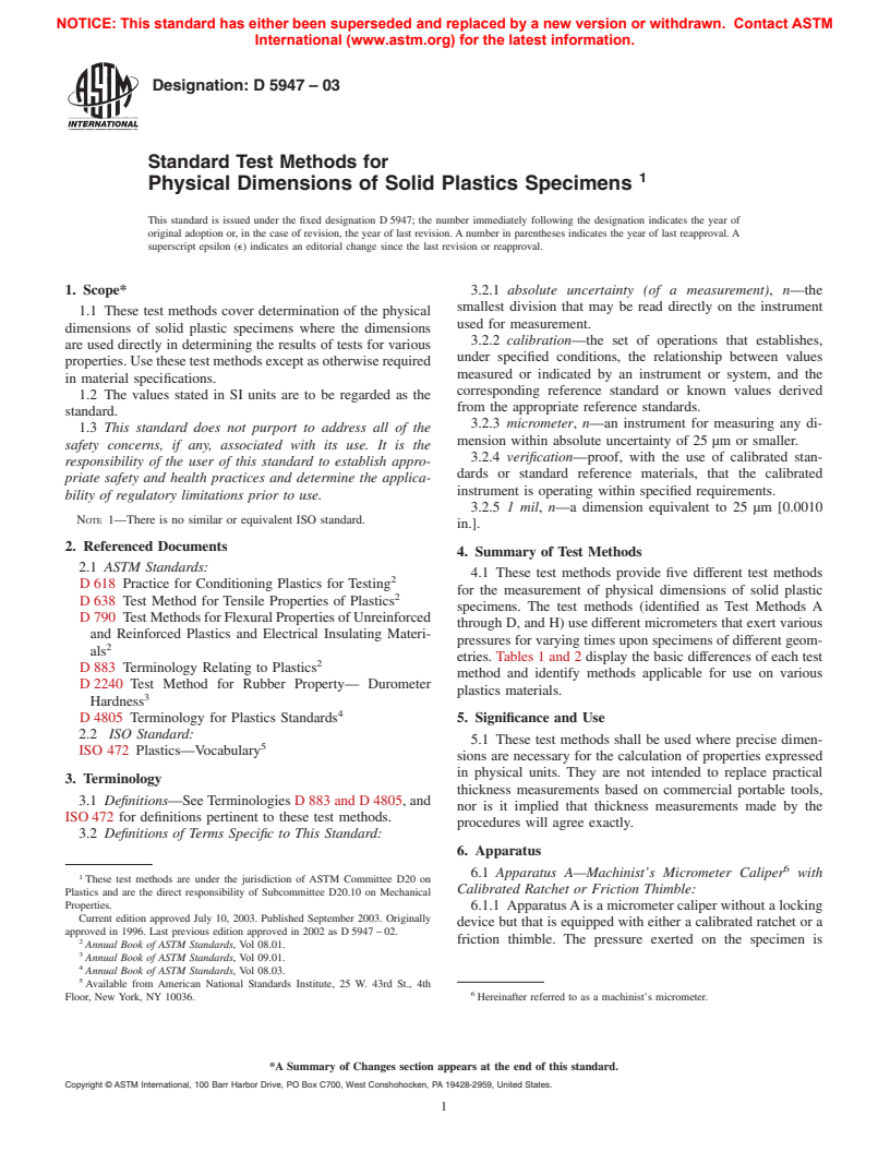 ASTM D5947-03 - Standard Test Methods for Physical Dimensions of Solid Plastics Specimens
