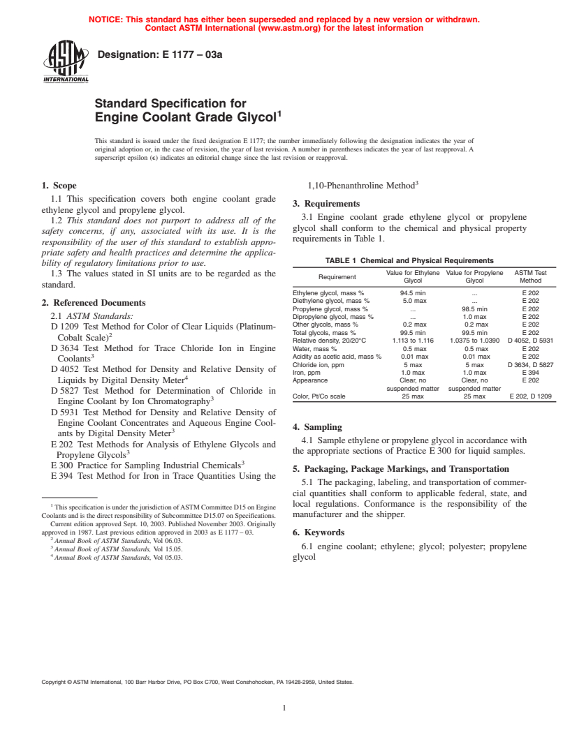 ASTM E1177-03a - Standard Specification for Engine Coolant Grade Ethylene Glycol