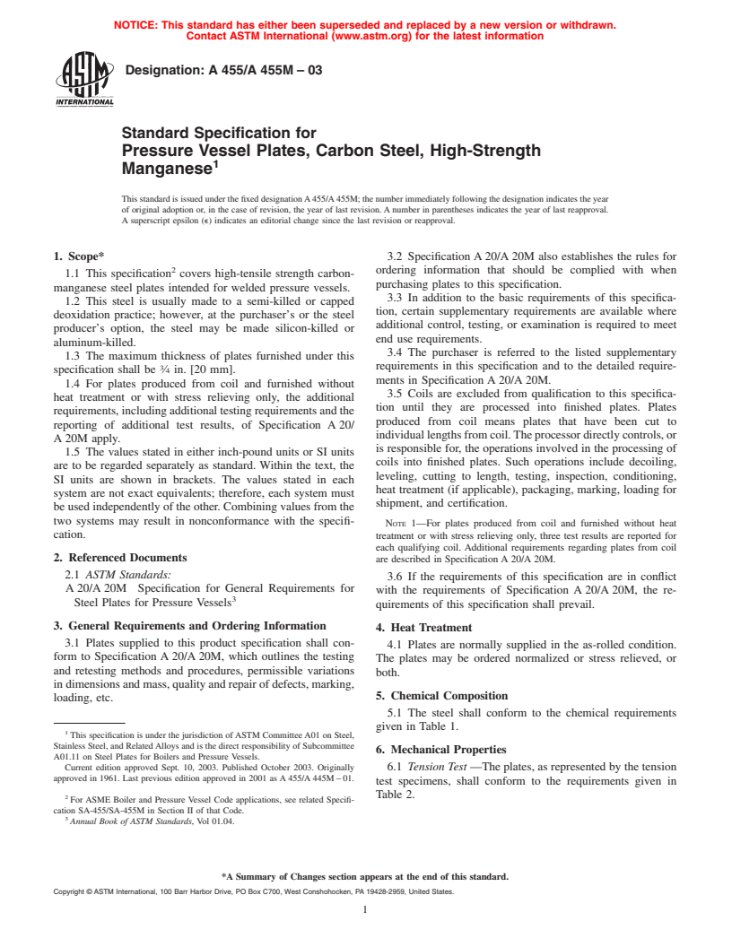 ASTM A455/A455M-03 - Standard Specification for Pressure Vessel Plates, Carbon Steel, High-Strength Manganese