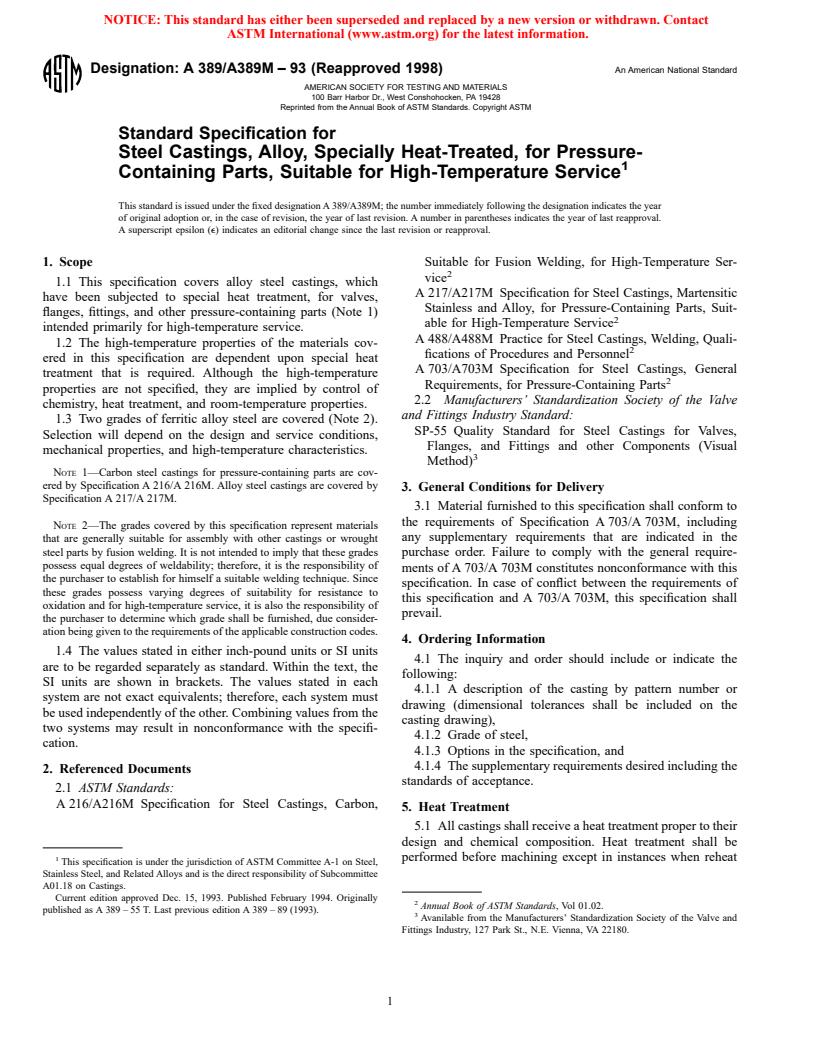 ASTM A389/A389M-93(1998) - Standard Specification for Steel Castings, Alloy, Specially Heat-Treated, for Pressure-Containing Parts, Suitable for High-Temperature Service