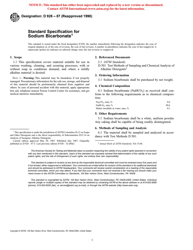 ASTM D928-87(1998) - Standard Specification for Sodium Bicarbonate (Withdrawn 2001)