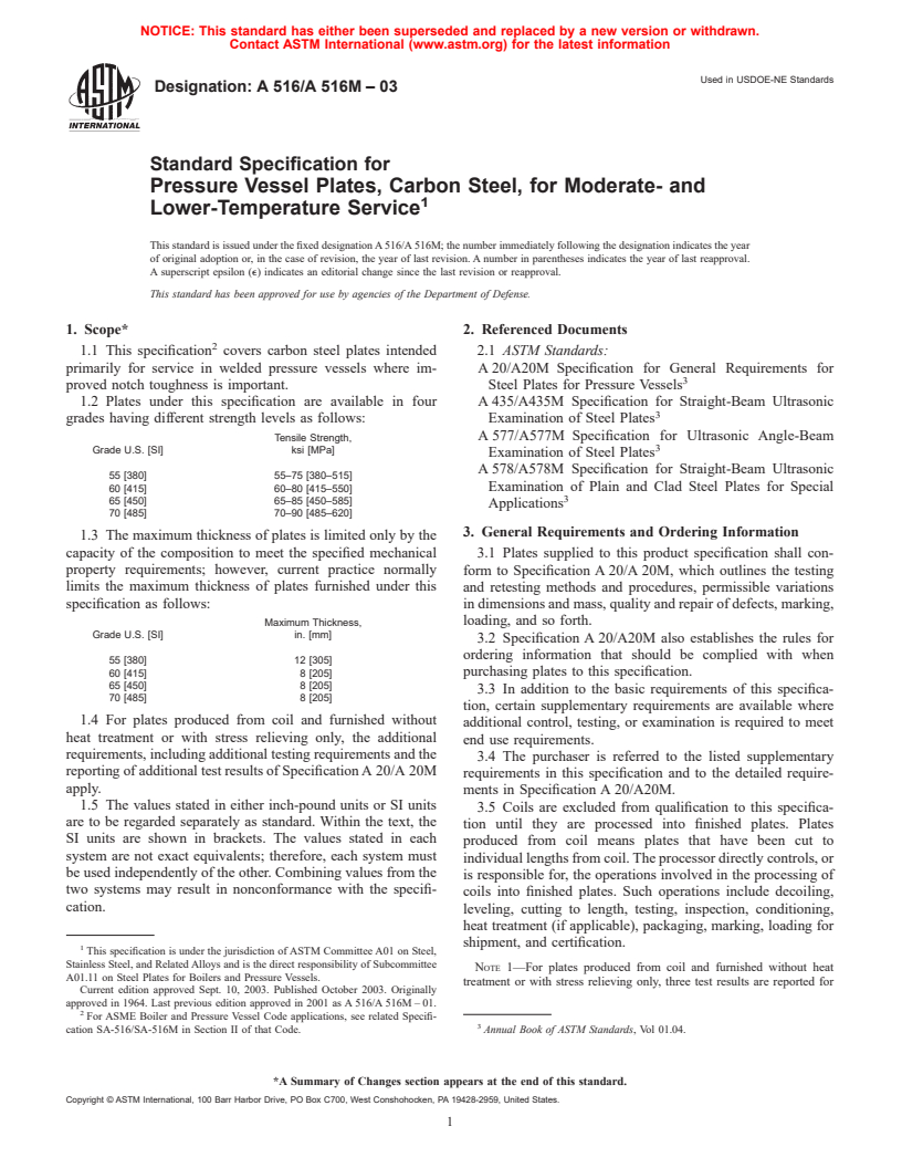 ASTM A516/A516M-03 - Standard Specification for Pressure Vessel Plates, Carbon Steel, for Moderate- and Lower-Temperature Service