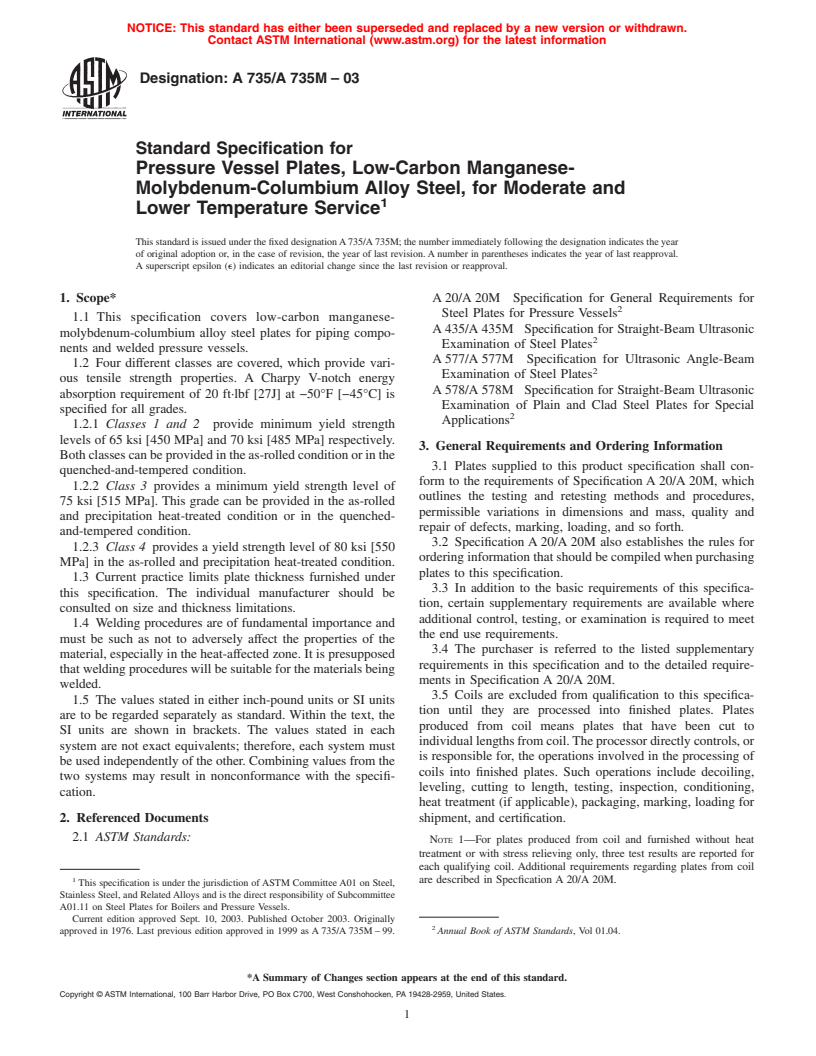ASTM A735/A735M-03 - Standard Specification for Pressure Vessel Plates, Low-Carbon Manganese-Molybdenum-Columbium Alloy Steel, for Moderate and Lower Temperature Service
