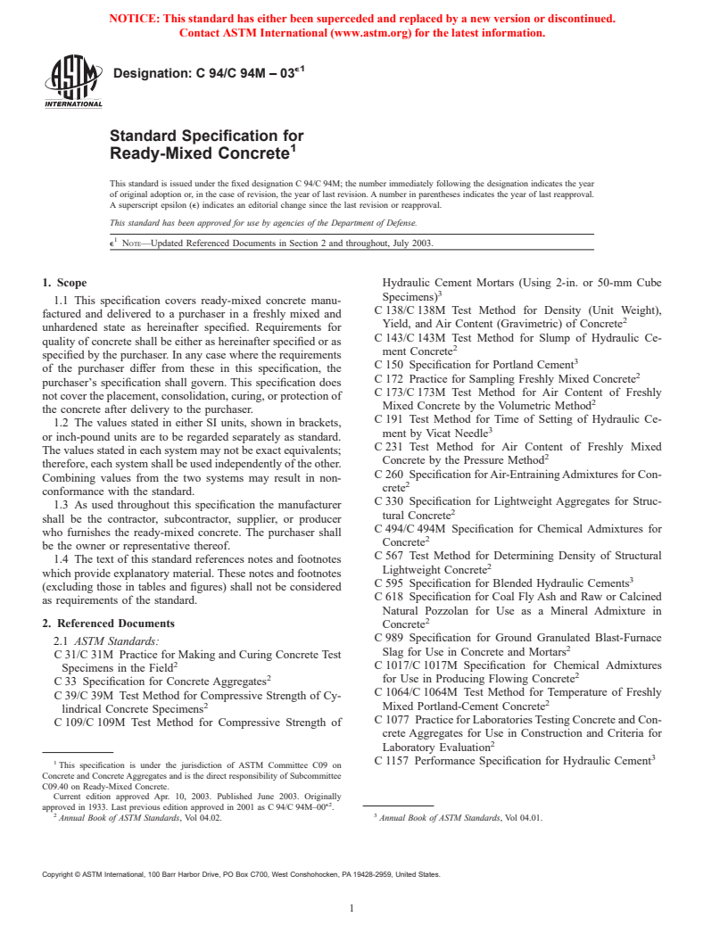 ASTM C94/C94M-03e1 - Standard Specification for Ready-Mixed Concrete