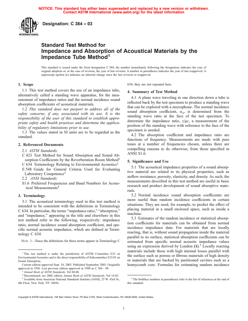 ASTM C384-03 - Standard Test Method for Impedance and Absorption of Acoustical Materials by the Impedance Tube Method