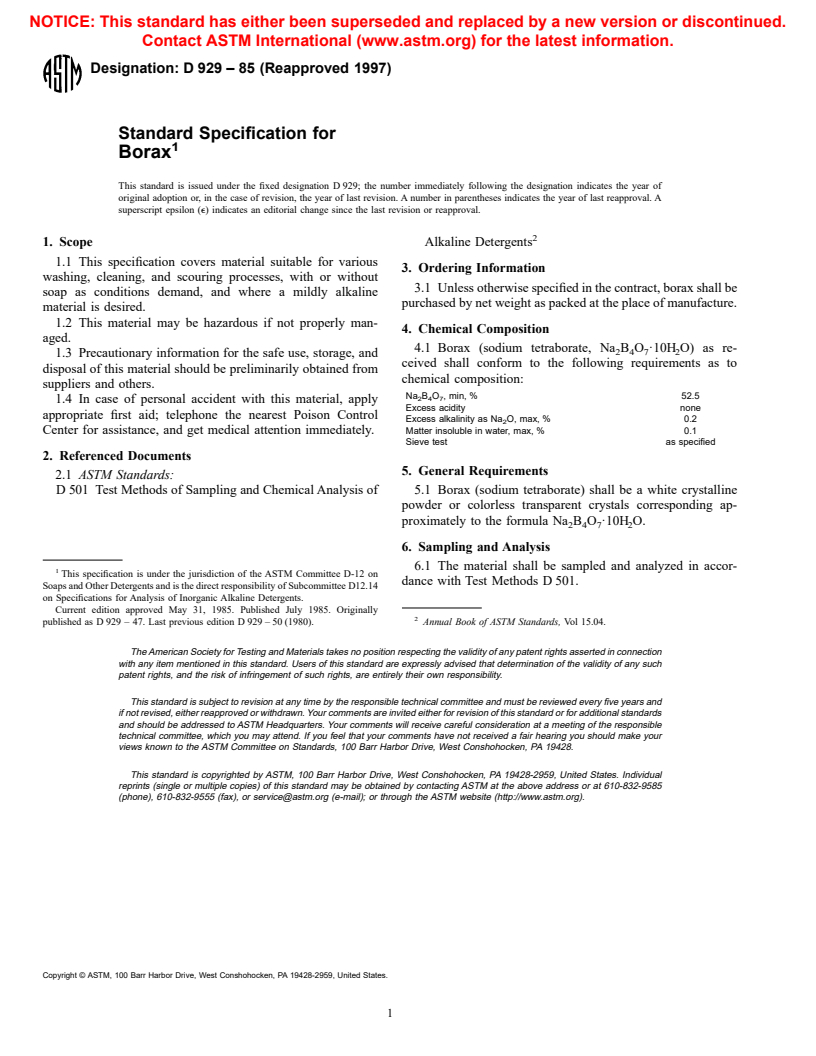 ASTM D929-85(1997) - Standard Specification for Borax (Withdrawn 2001)