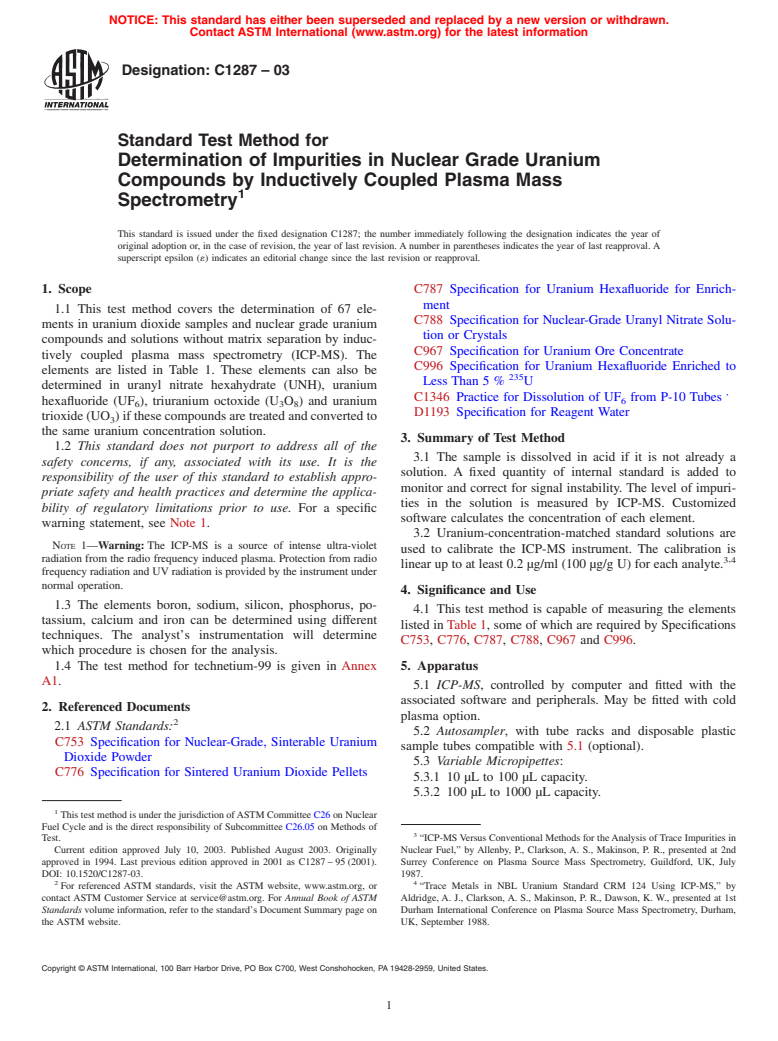 ASTM C1287-03 - Standard Test Method for Determination of Impurities in Uranium Dioxide by Inductively Coupled Plasma Mass Spectrometry