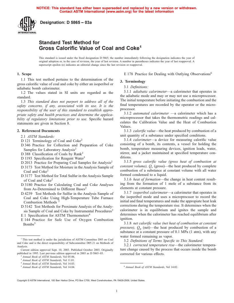 ASTM D5865-03a - Standard Test Method for Gross Calorific Value of Coal and Coke