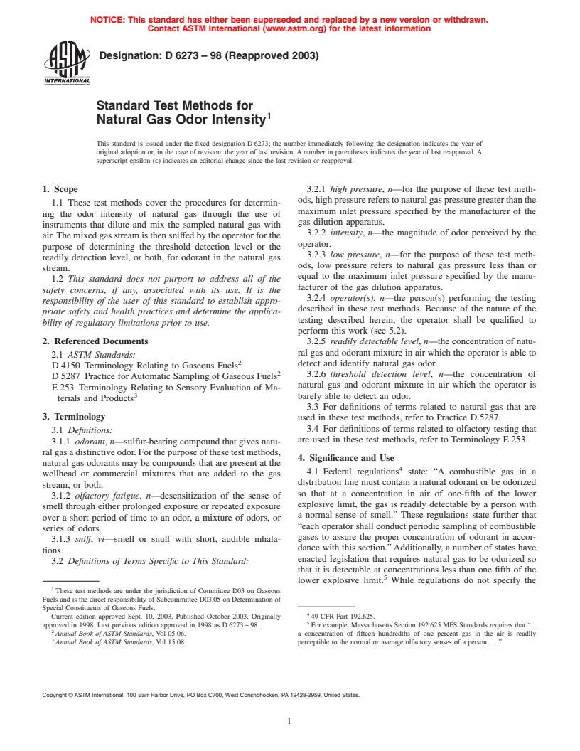 ASTM D6273-98(2003) - Standard Test Methods for Natural Gas Odor Intensity