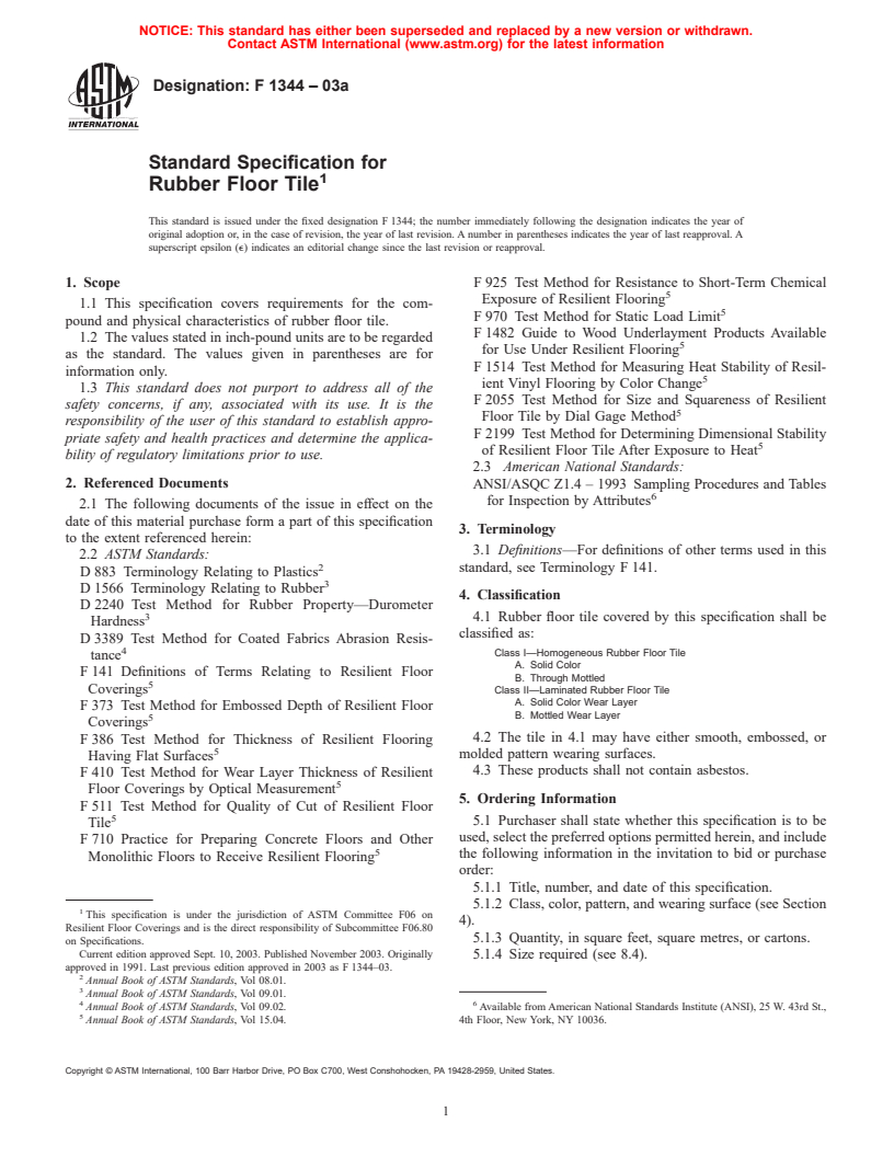 ASTM F1344-03a - Standard Specification for Rubber Floor Tile