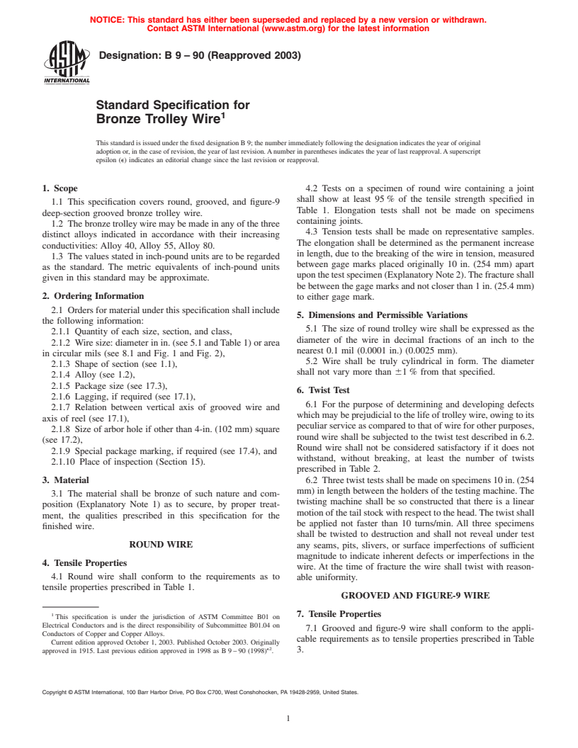 ASTM B9-90(2003) - Standard Specification for Bronze Trolley Wire