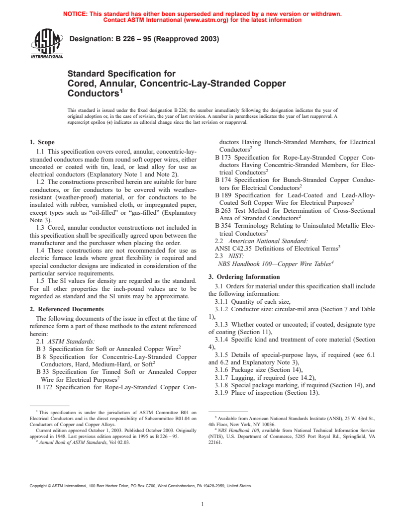 ASTM B226-95(2003) - Standard Specification for Cored, Annular, Concentric-Lay-Stranded Copper Conductors