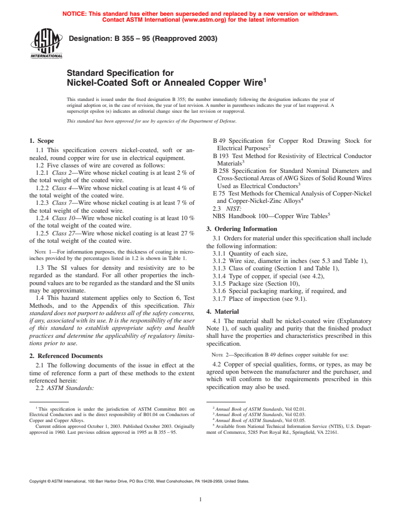 ASTM B355-95(2003) - Standard Specification for Nickel-Coated Soft or Annealed Copper Wire