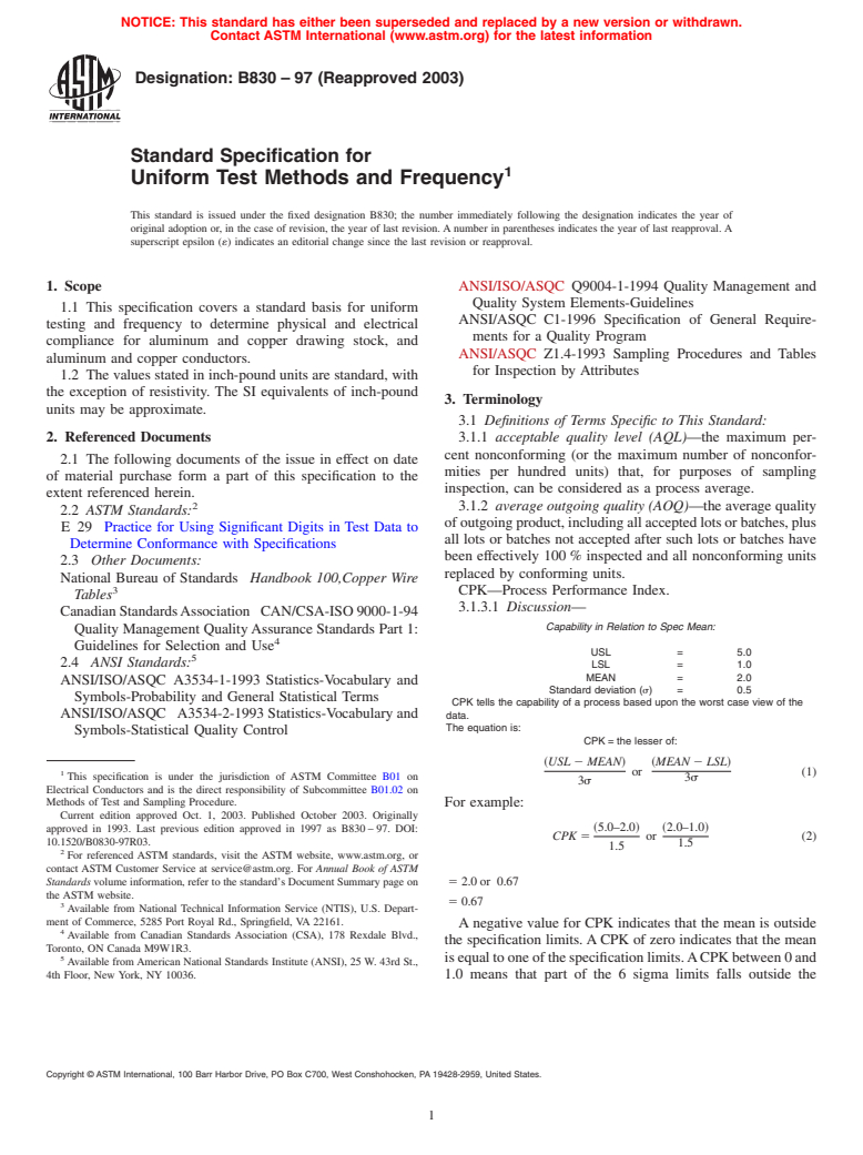 ASTM B830-97(2003) - Standard Specification for Uniform Test Methods and Frequency