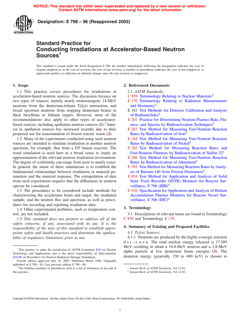 ASTM E798-96(2003) - Standard Practice for Conducting Irradiations at Accelerator-Based Neutron Sources