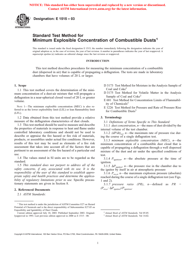 ASTM E1515-03 - Standard Test Method for Minimum Explosible Concentration of Combustible Dusts