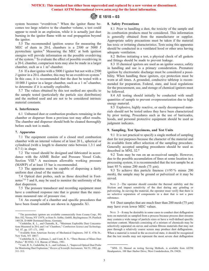 ASTM E1515-03 - Standard Test Method for Minimum Explosible Concentration of Combustible Dusts