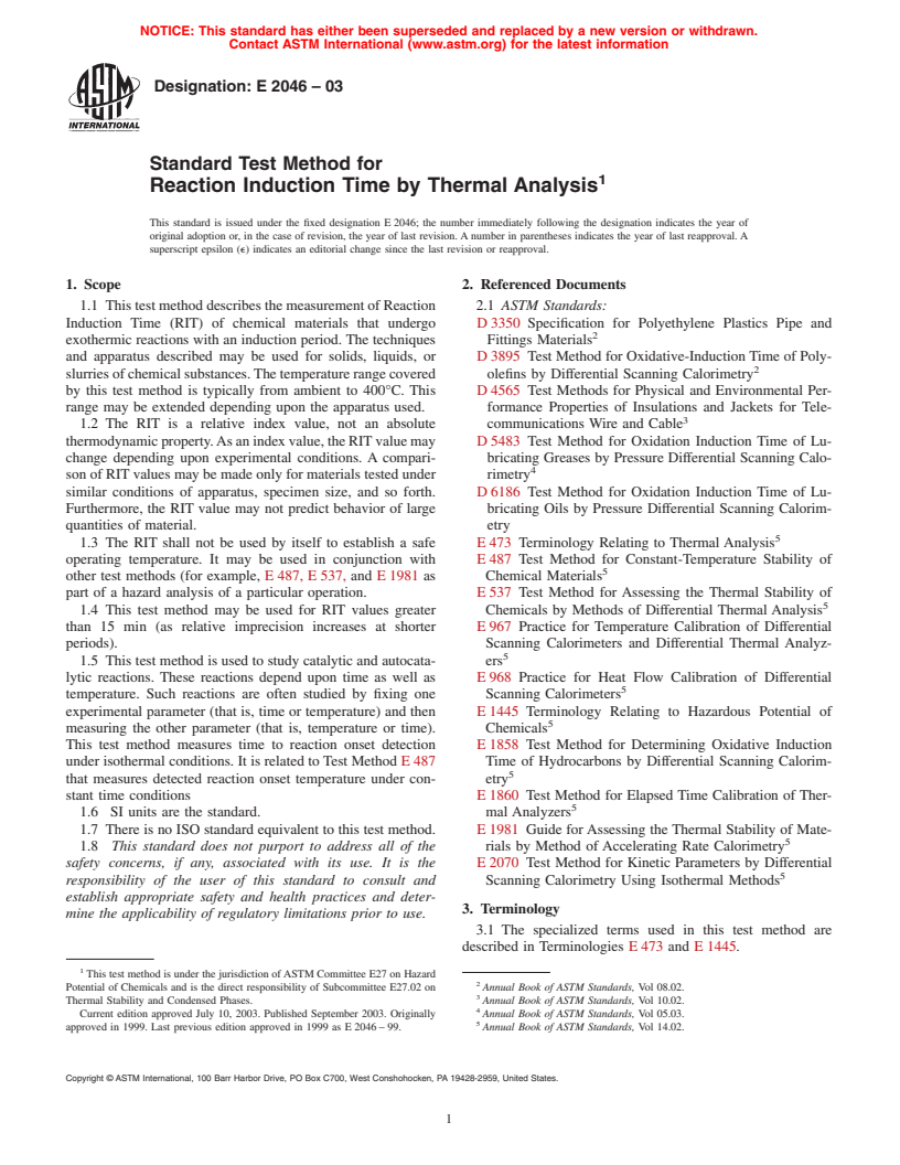 ASTM E2046-03 - Standard Test Method for Reaction Induction Time by Thermal Analysis