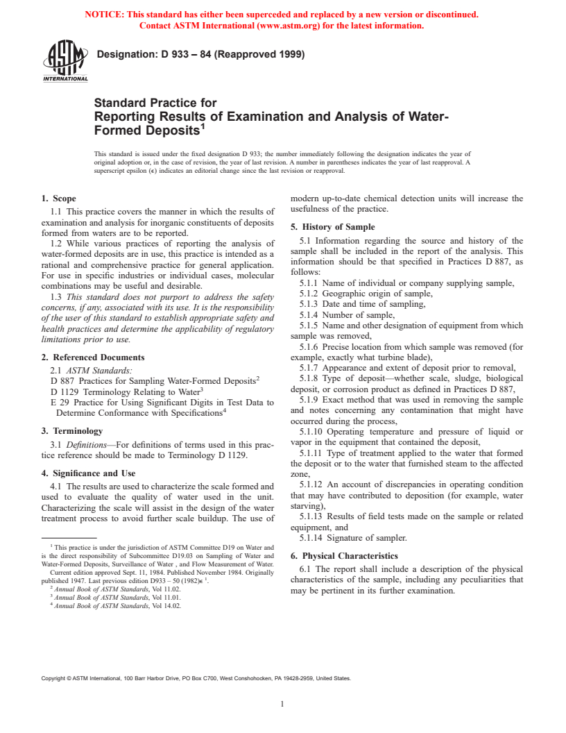 ASTM D933-84(1999) - Standard Practice for Reporting Results of Examination and Analysis of Water-Formed Deposits