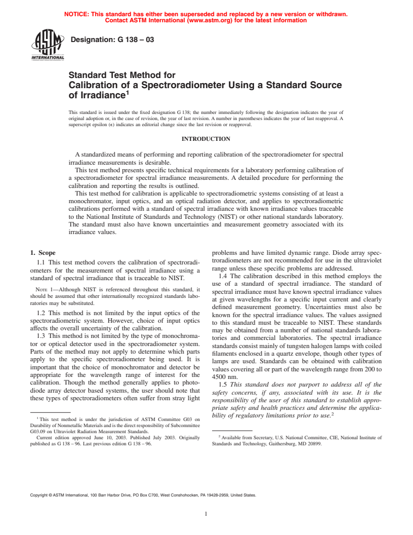 ASTM G138-03 - Standard Test Method for Calibration of a Spectroradiometer Using a Standard Source of Irradiance