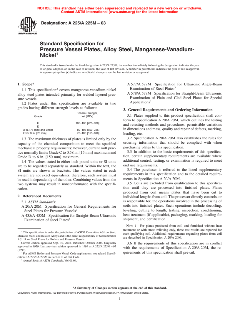 ASTM A225/A225M-03 - Standard Specification for Pressure Vessel Plates, Alloy Steel, Manganese-Vanadium-Nickel