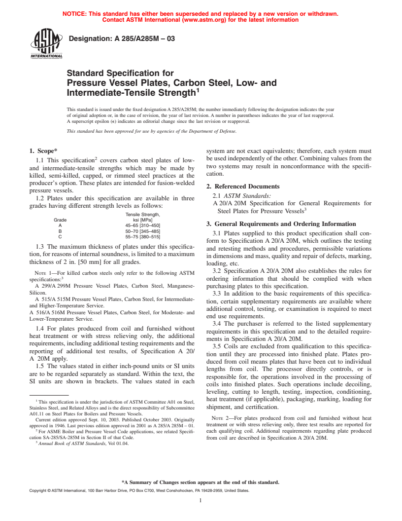 ASTM A285/A285M-03 - Standard Specification for Pressure Vessel Plates, Carbon Steel, Low- and Intermediate-Tensile Strength