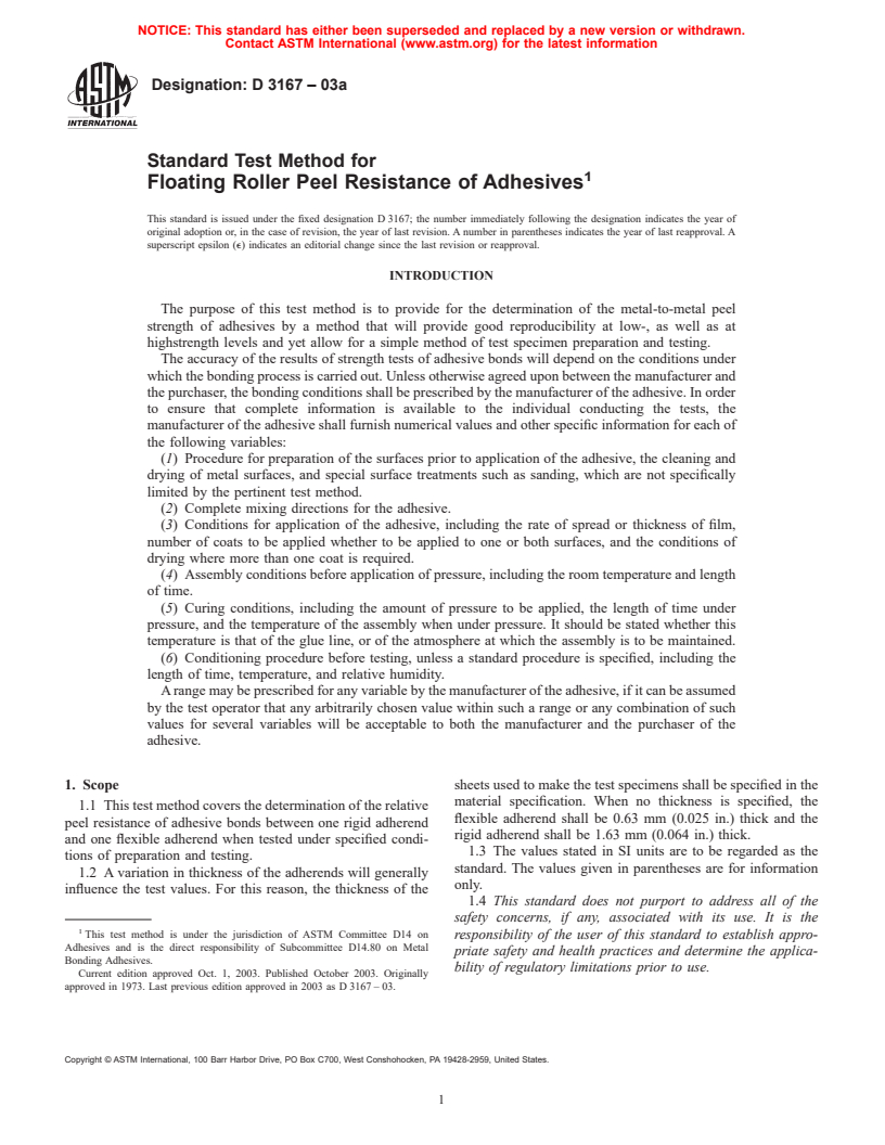 ASTM D3167-03a - Standard Test Method for Floating Roller Peel Resistance of Adhesives