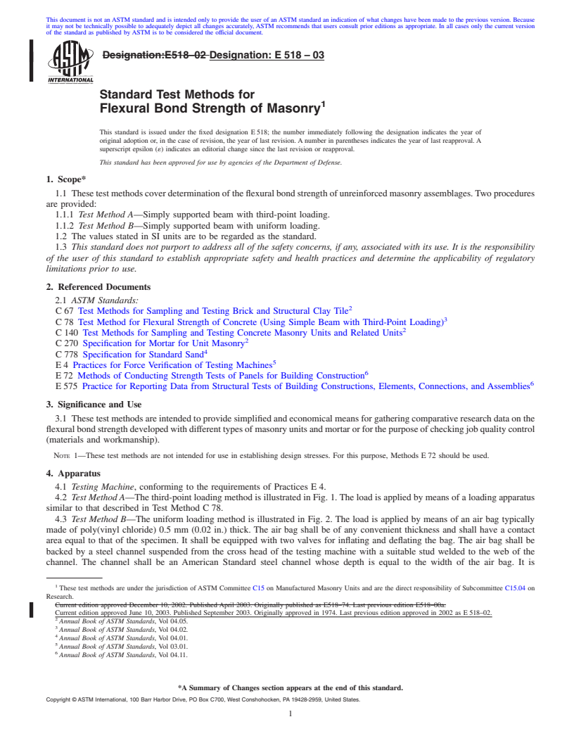 REDLINE ASTM E518-03 - Standard Test Methods for Flexural Bond Strength of Masonry