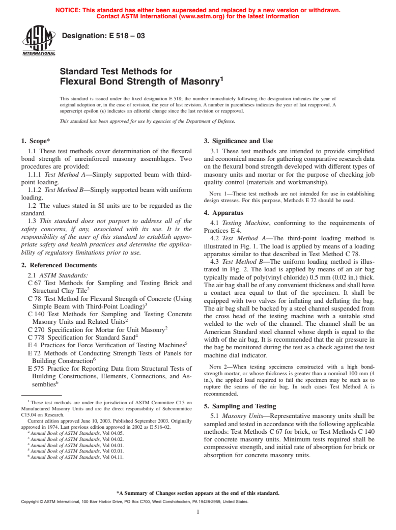 ASTM E518-03 - Standard Test Methods for Flexural Bond Strength of Masonry