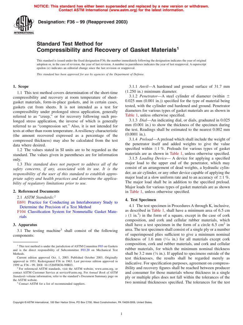 ASTM F36-99(2003) - Standard Test Method for Compressibility and Recovery of Gasket Materials