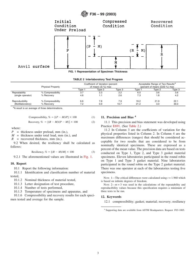 ASTM F36-99(2003) - Standard Test Method for Compressibility and Recovery of Gasket Materials