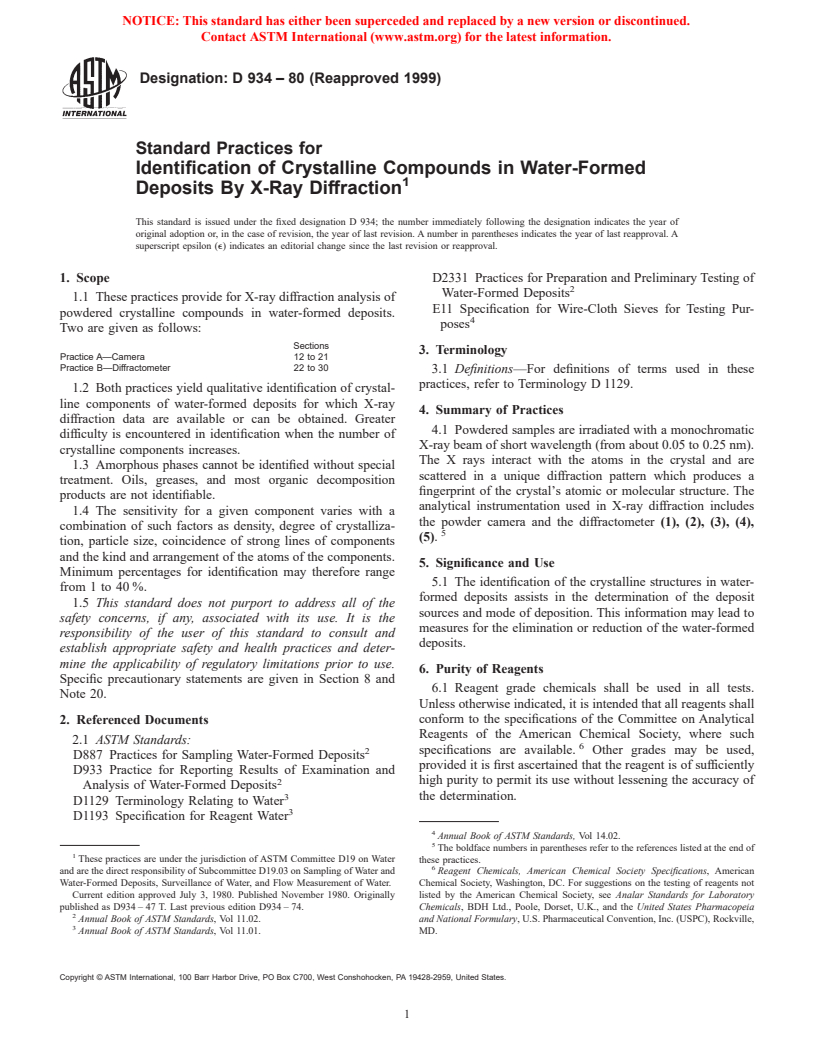 ASTM D934-80(1999) - Standard Practices for Identification of Crystalline Compounds in Water-Formed Deposits By X-Ray Diffraction