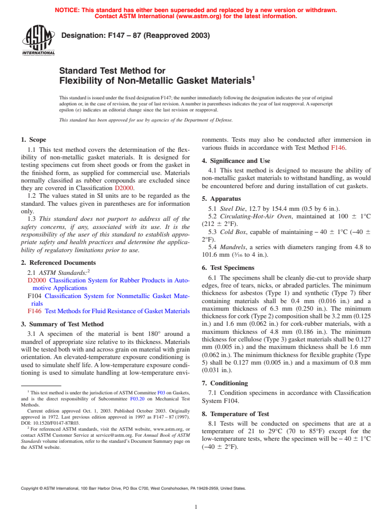 ASTM F147-87(2003) - Standard Test Method for Flexibility of Non-Metallic Gasket Materials