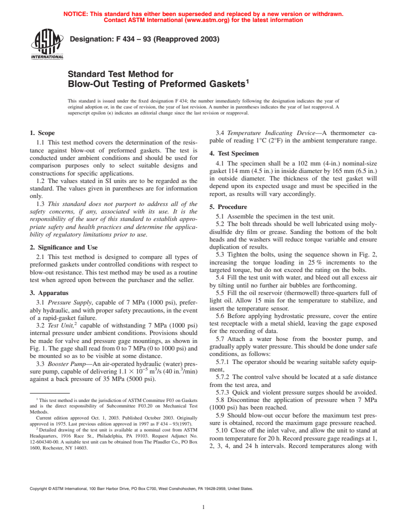 ASTM F434-93(2003) - Standard Test Method for Blow-Out Testing of Preformed Gaskets