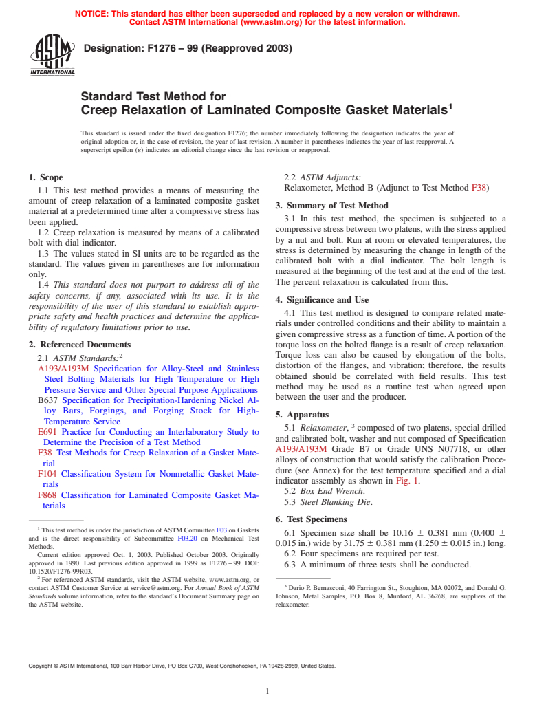 ASTM F1276-99(2003) - Standard Test Method for Creep Relaxation of Laminated Composite Gasket Materials