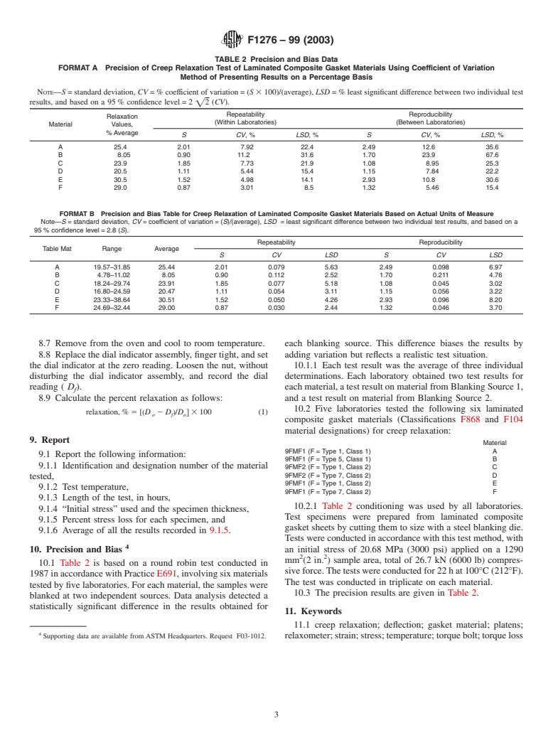 ASTM F1276-99(2003) - Standard Test Method for Creep Relaxation of Laminated Composite Gasket Materials