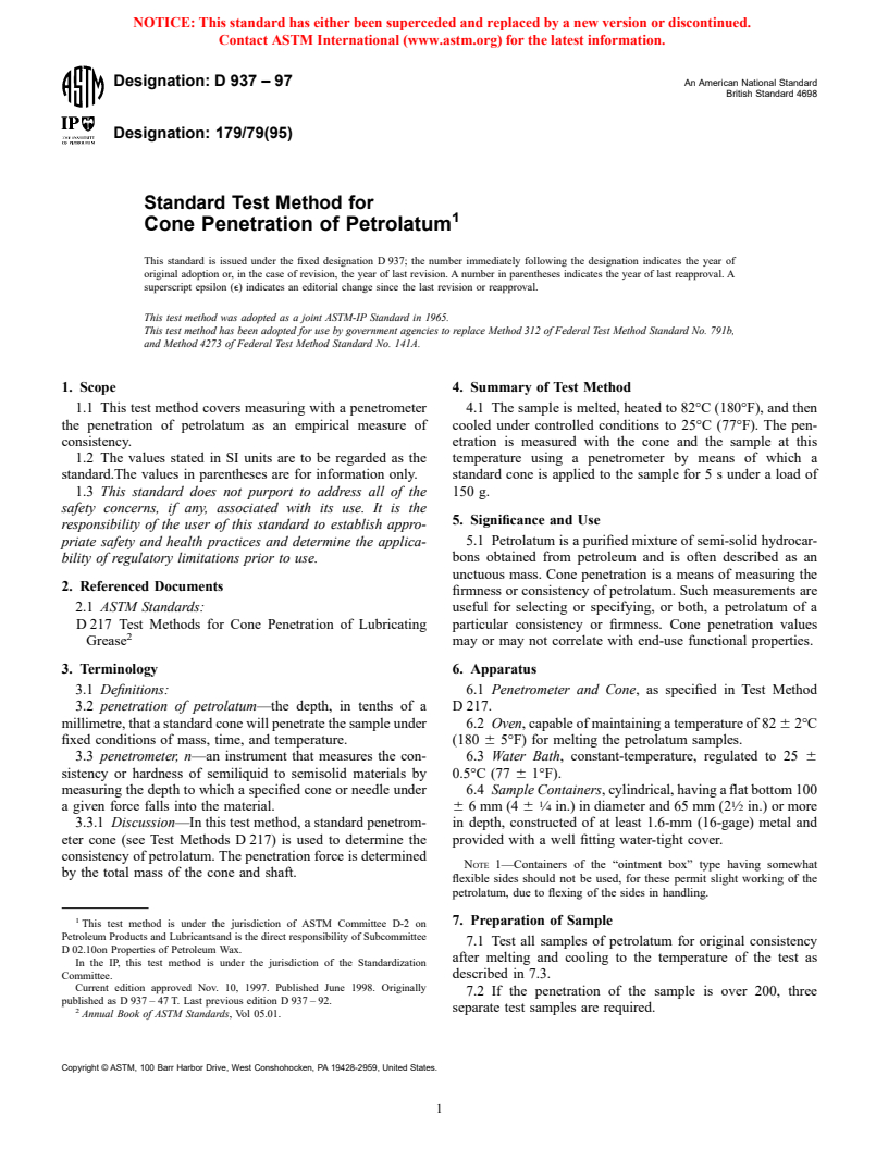 ASTM D937-97 - Standard Test Method for Cone Penetration of Petrolatum