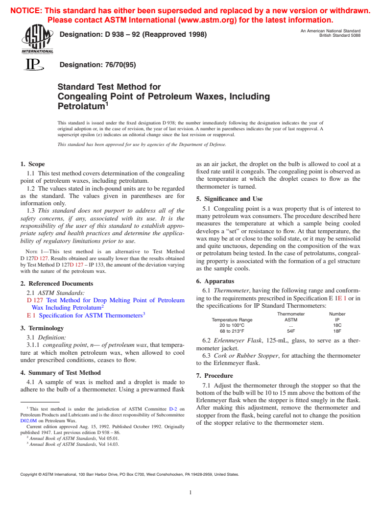 ASTM D938-92(1998) - Standard Test Method for Congealing Point of Petroleum Waxes, Including Petrolatum