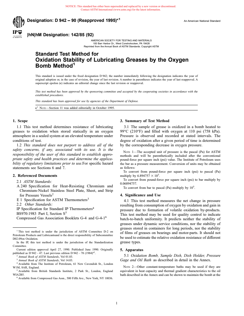 ASTM D942-90(1995)e1 - Standard Test Method for Oxidation Stability of Lubricating Greases by the Oxygen Bomb Method