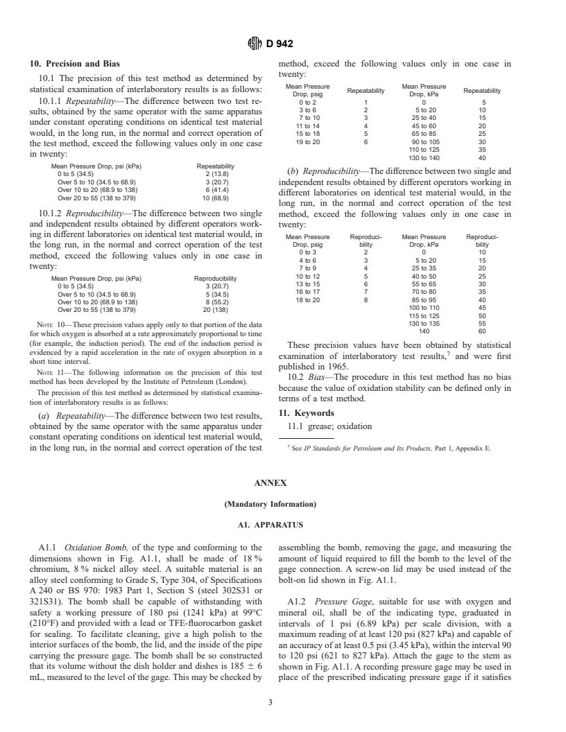 ASTM D942-90(1995)e1 - Standard Test Method for Oxidation Stability of Lubricating Greases by the Oxygen Bomb Method