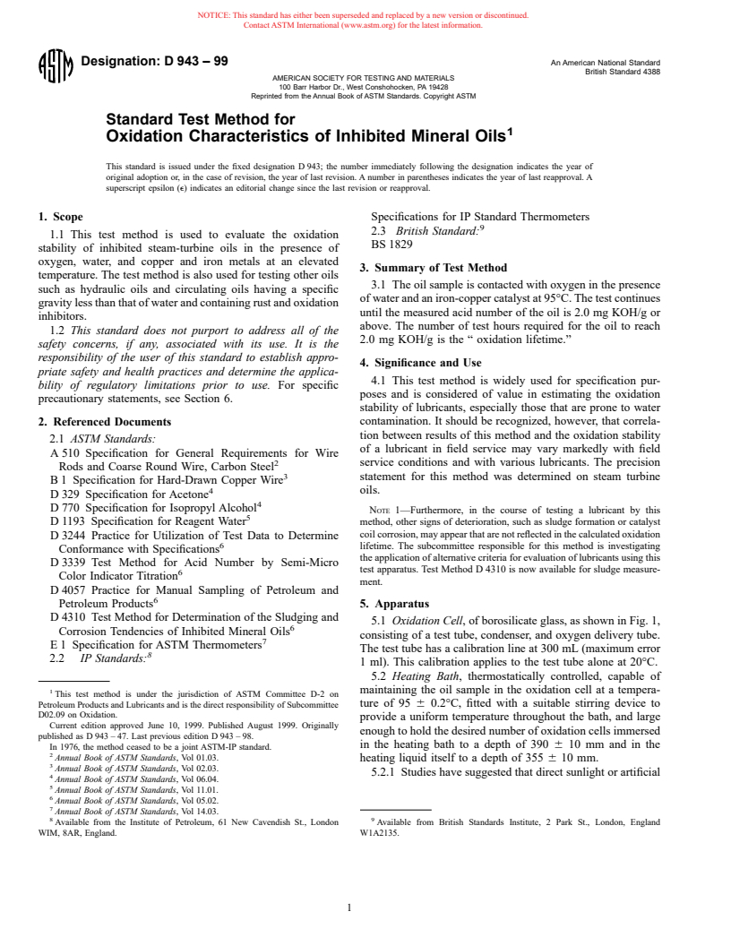 ASTM D943-99 - Standard Test Method for Oxidation Characteristics of Inhibited Mineral Oils