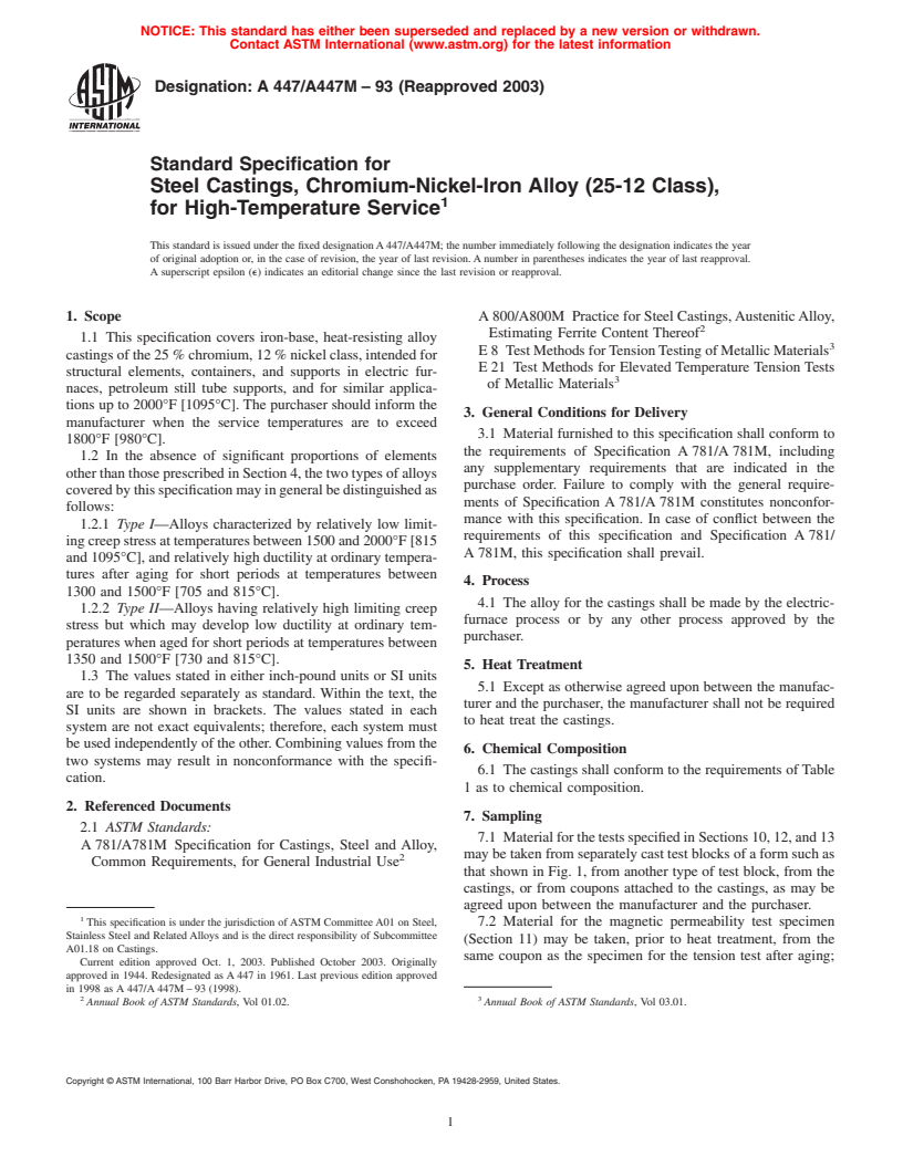 ASTM A447/A447M-93(2003) - Standard Specification for Steel Castings, Chromium-Nickel-Iron Alloy (25-12 Class), for High-Temperature Service