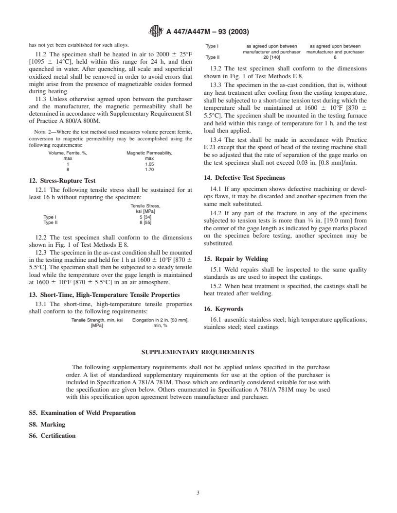 ASTM A447/A447M-93(2003) - Standard Specification for Steel Castings, Chromium-Nickel-Iron Alloy (25-12 Class), for High-Temperature Service