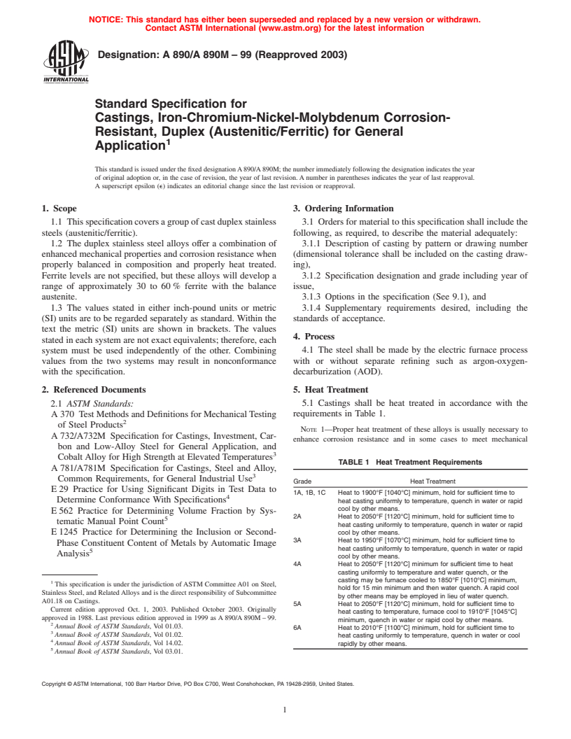 ASTM A890/A890M-99(2003) - Standard Specification for Castings, Iron-Chromium-Nickel-Molybdenum Corrosion-Resistant, Duplex (Austenitic/Ferritic) for General Application