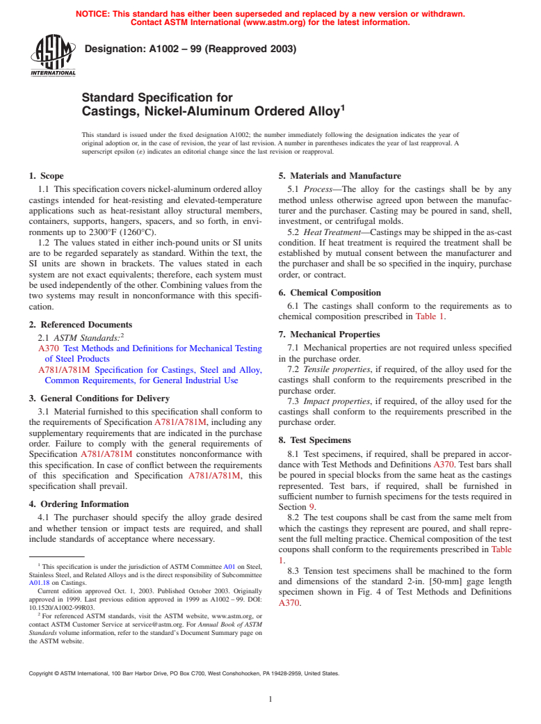 ASTM A1002-99(2003) - Standard Specification for Castings, Nickel-Aluminum Ordered Alloy